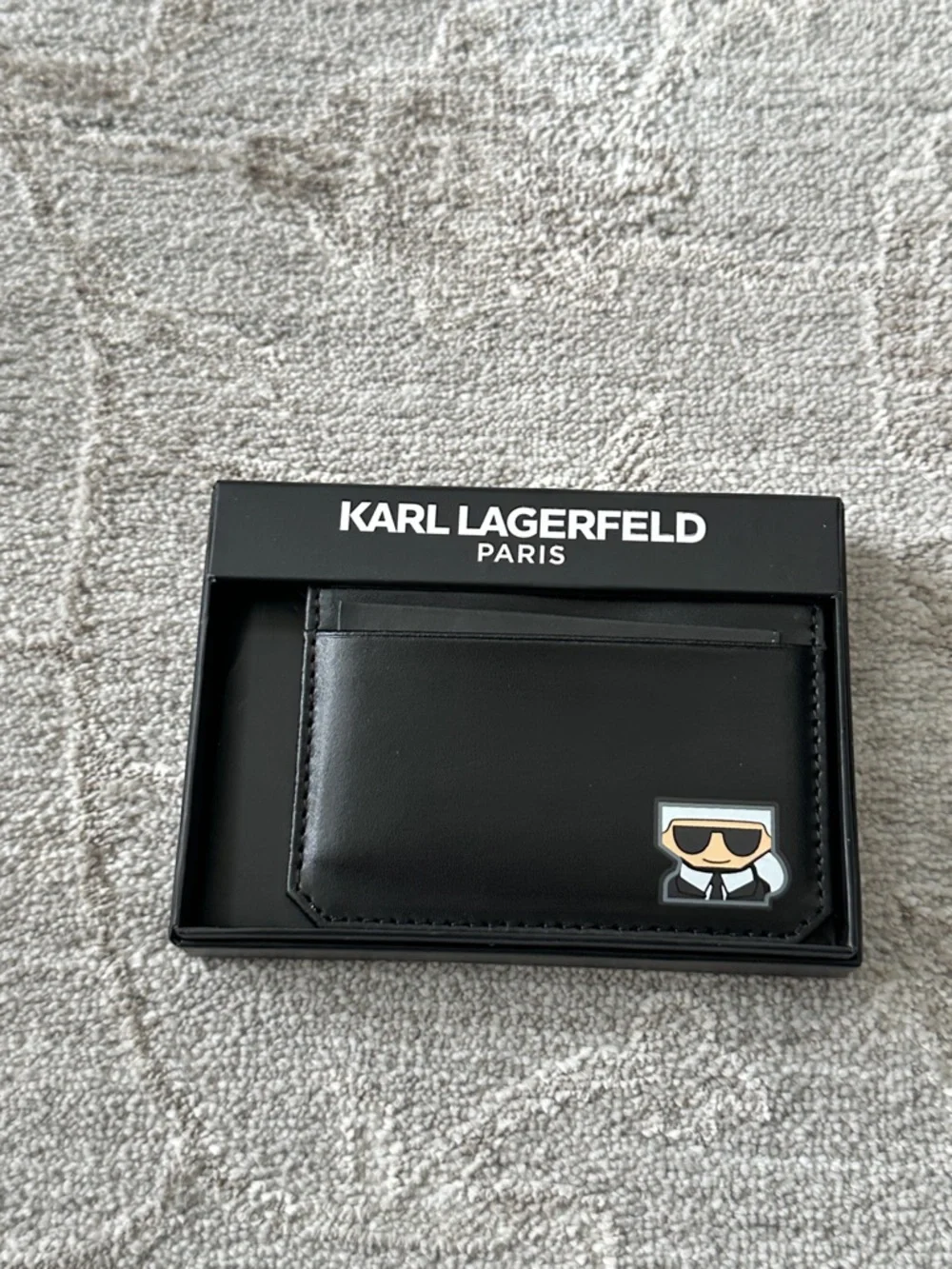 Karl Lagerfeld Black Leather Card Holder with Character Patch. NWT’s.